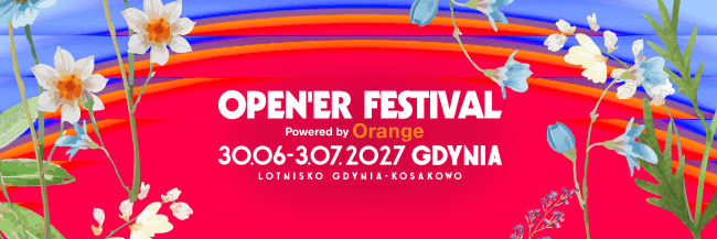 Kolorowy baner Open'er Festival 2027 z kwiatami i datami 30 czerwca-3 lipca